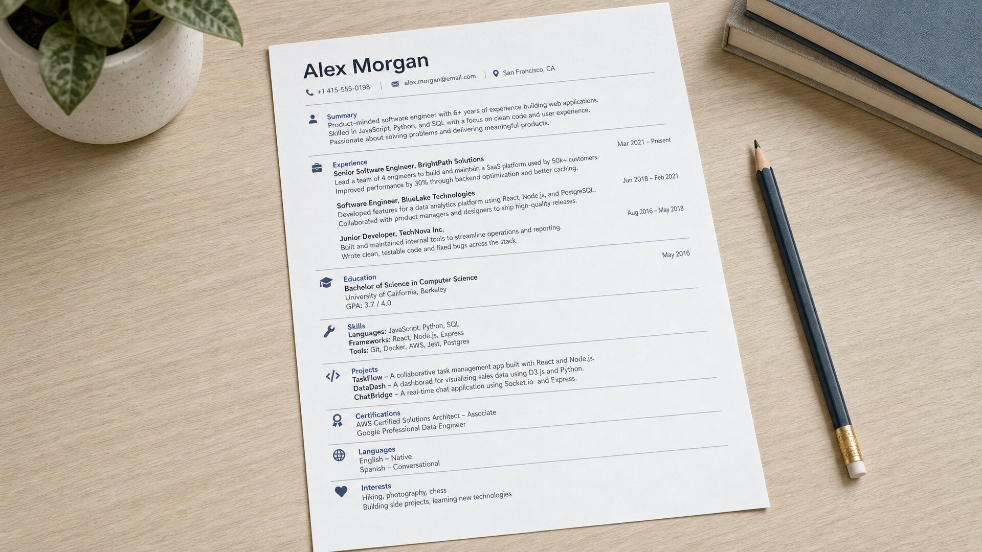 A printed one-page CV on a desk, its ten sections visible as blocks.
