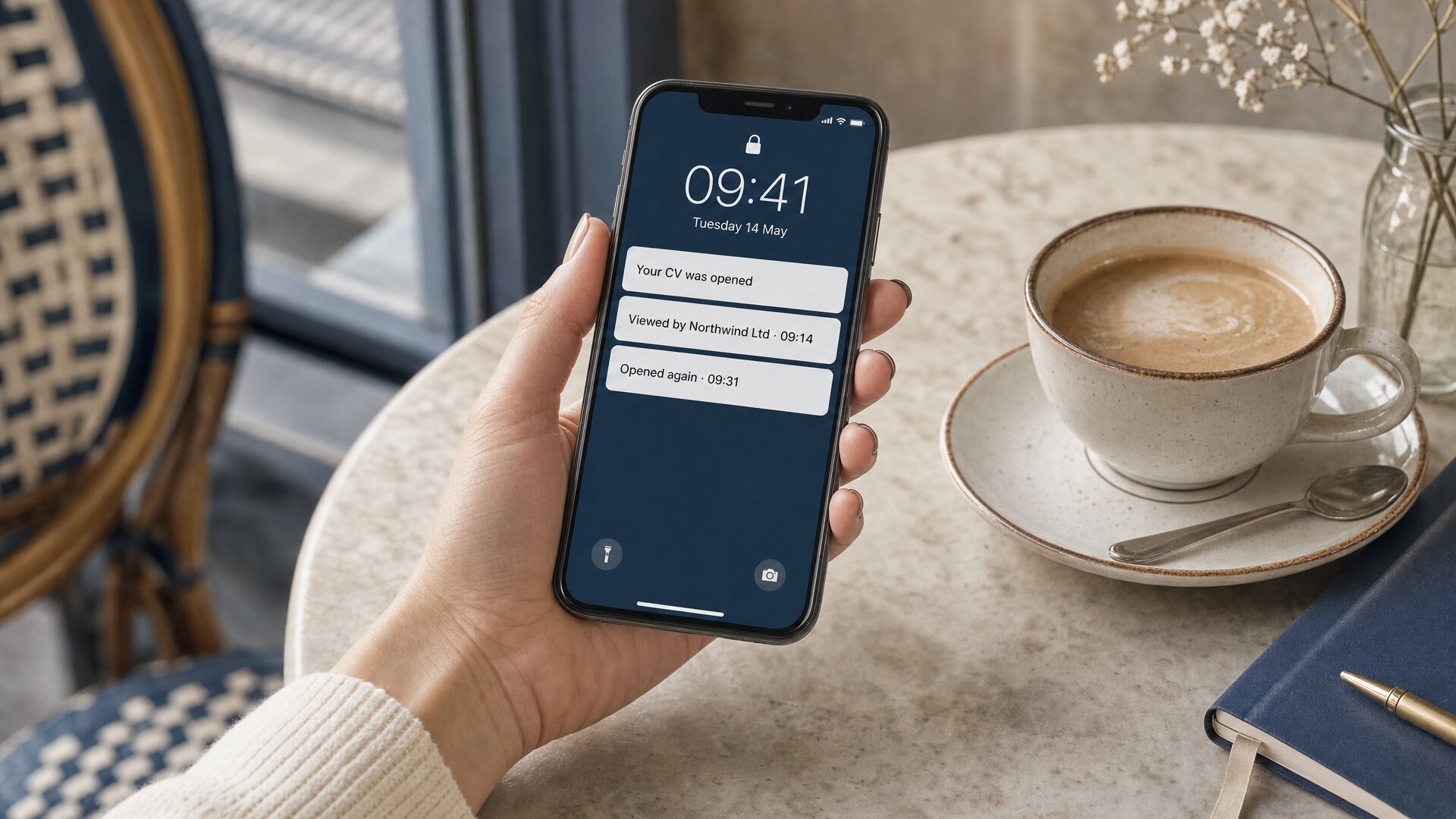 A hand holding a phone whose lock screen shows a stack of notifications.