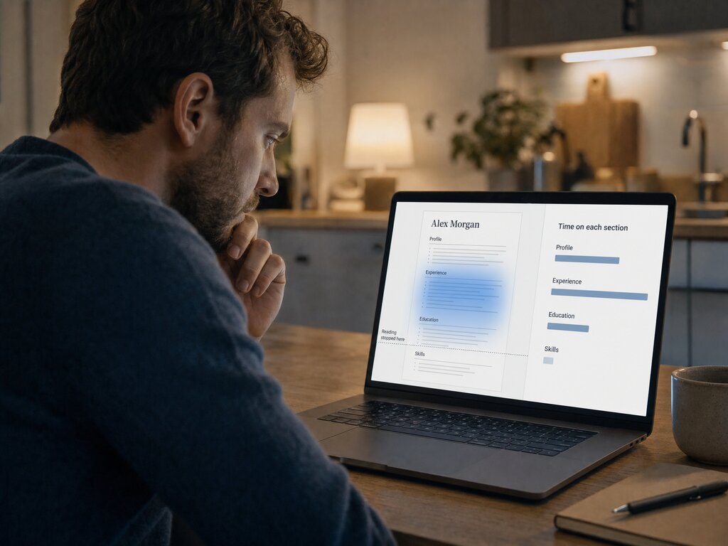 A man reading the attention report for his CV on a laptop in the evening.