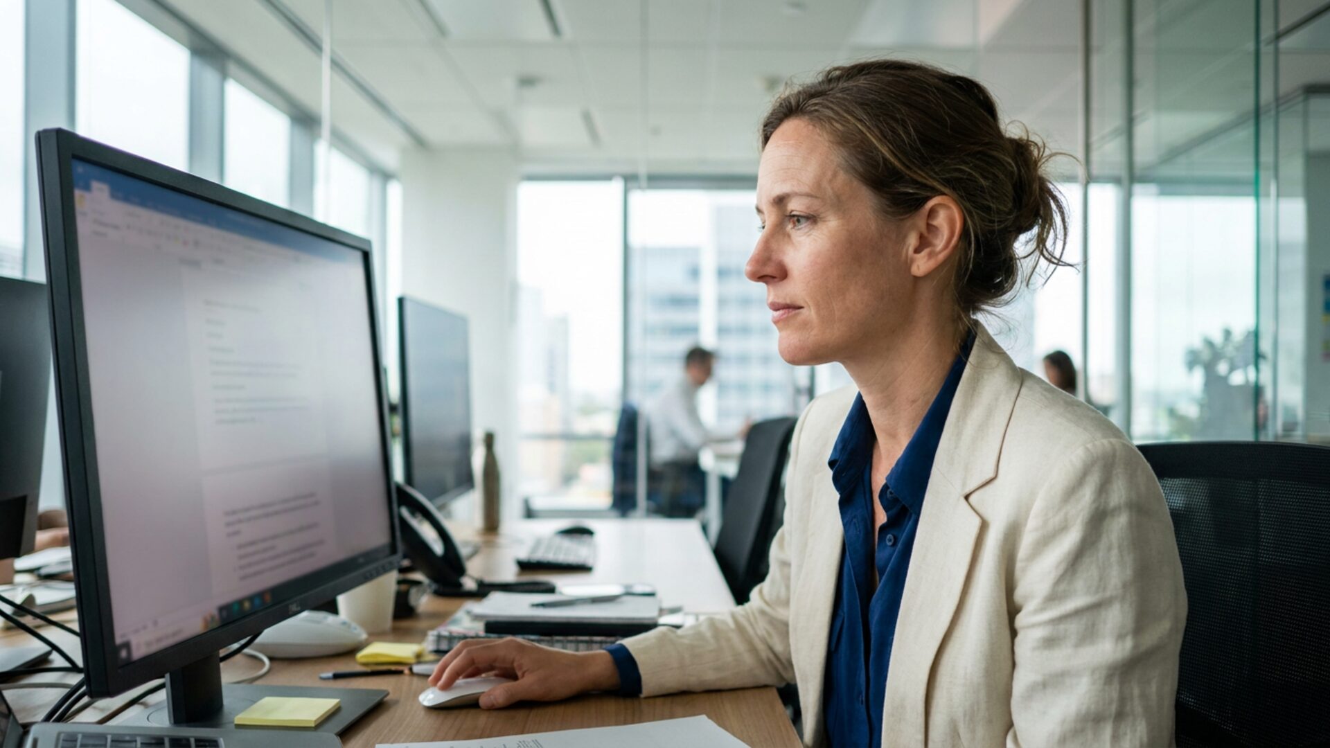A recruiter in profile, reading a document on a large monitor in a bright office.